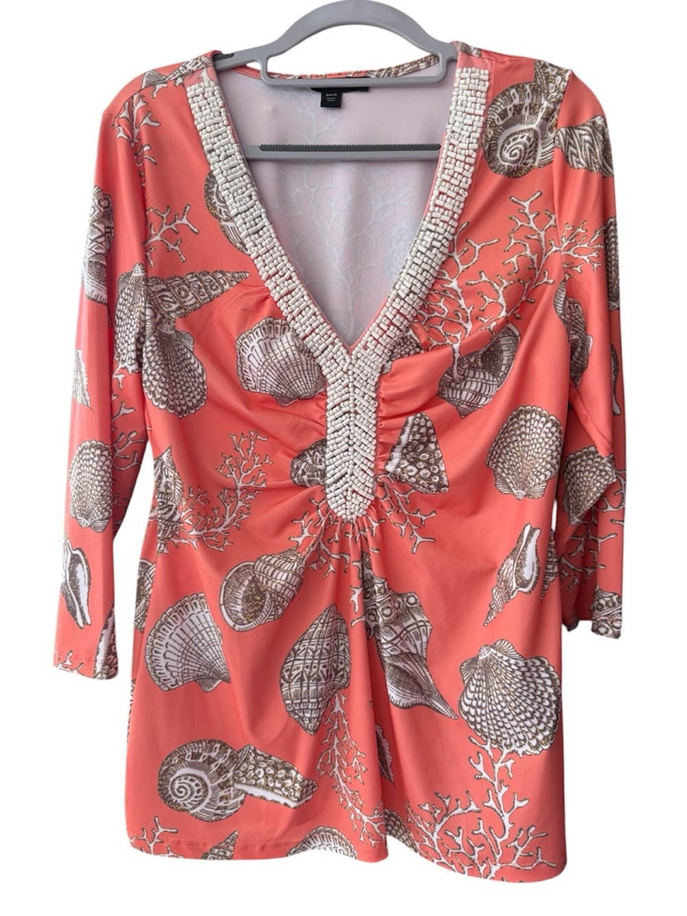 Boston Proper Women’s Seashell Coral Beaded vneck Tunic Blouse Stretchy Size M